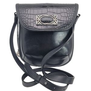 Vintage Brighton Melanie Croc Embossed Black Leather Saddle Bag